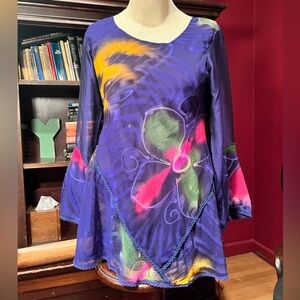 Vintage Channa Blue Colorful Flower Blouse Made in India Size L